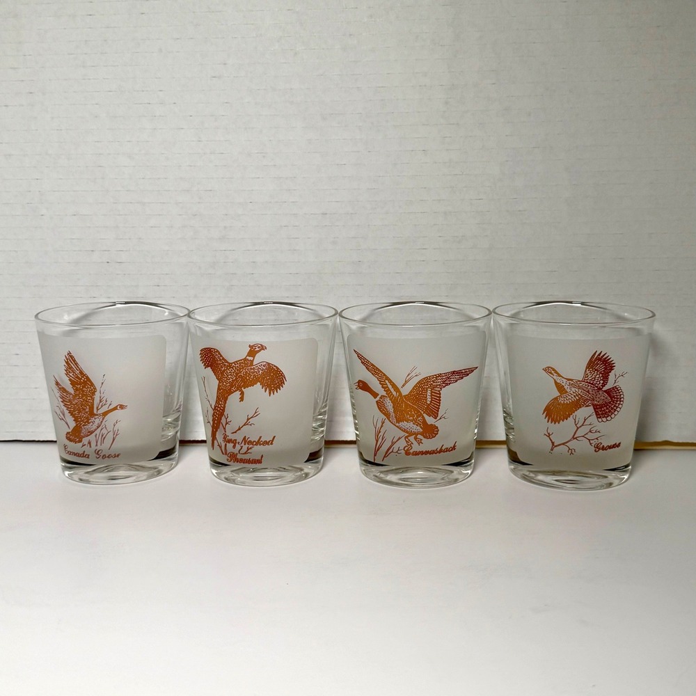 Vintage Game Bird Whiskey Lowball Glasses Set of 4 Frosted Pheasant Goose Grouse